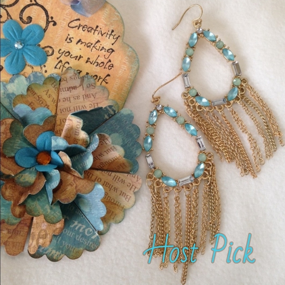 NEW Dangling Chains Earrings Turquoise Dazzling Jeweled Blue Crystals Goldtone - Picture 2 of 10